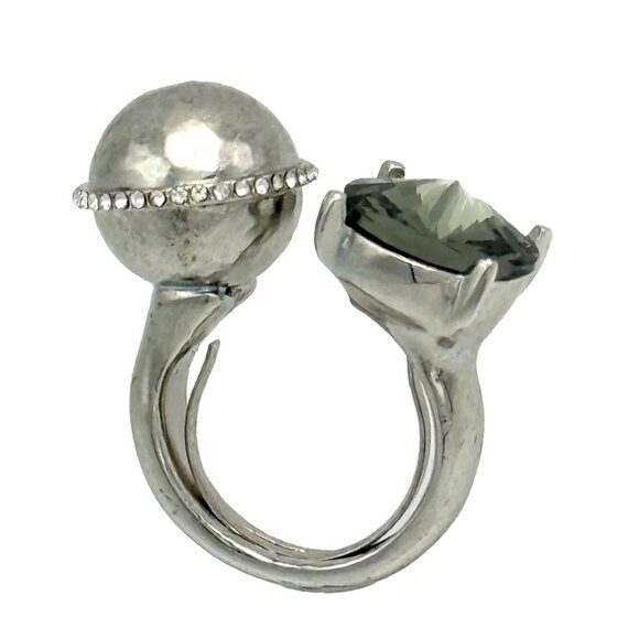 Oscar de la Renta Black Diamond Crystal Saturn Double Ring Silvertone Sz 6-7